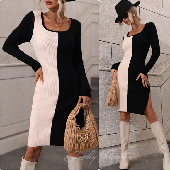 Statement Dress with Bold Contrast & Slit - Picture 7 of 9